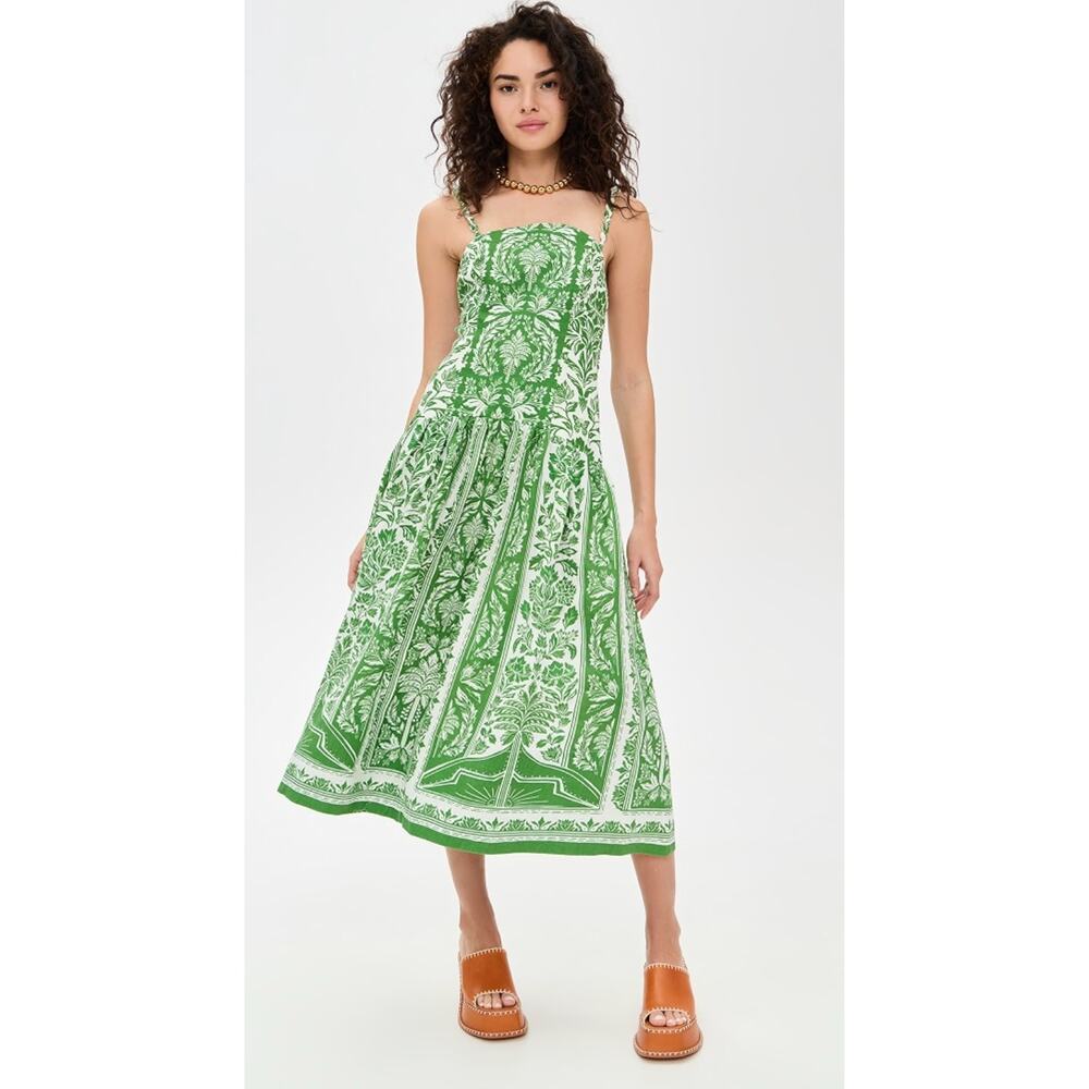 FARM RIO Delicate Tapestry Green Linen Midi Dress Size Small NEW - Picture 5 of 13